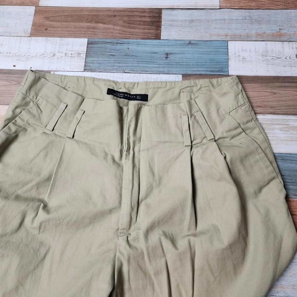 Zara Woman High Waisted Pleated Tapered Trousers Khaki Tan Size Large - Picture 2 of 6